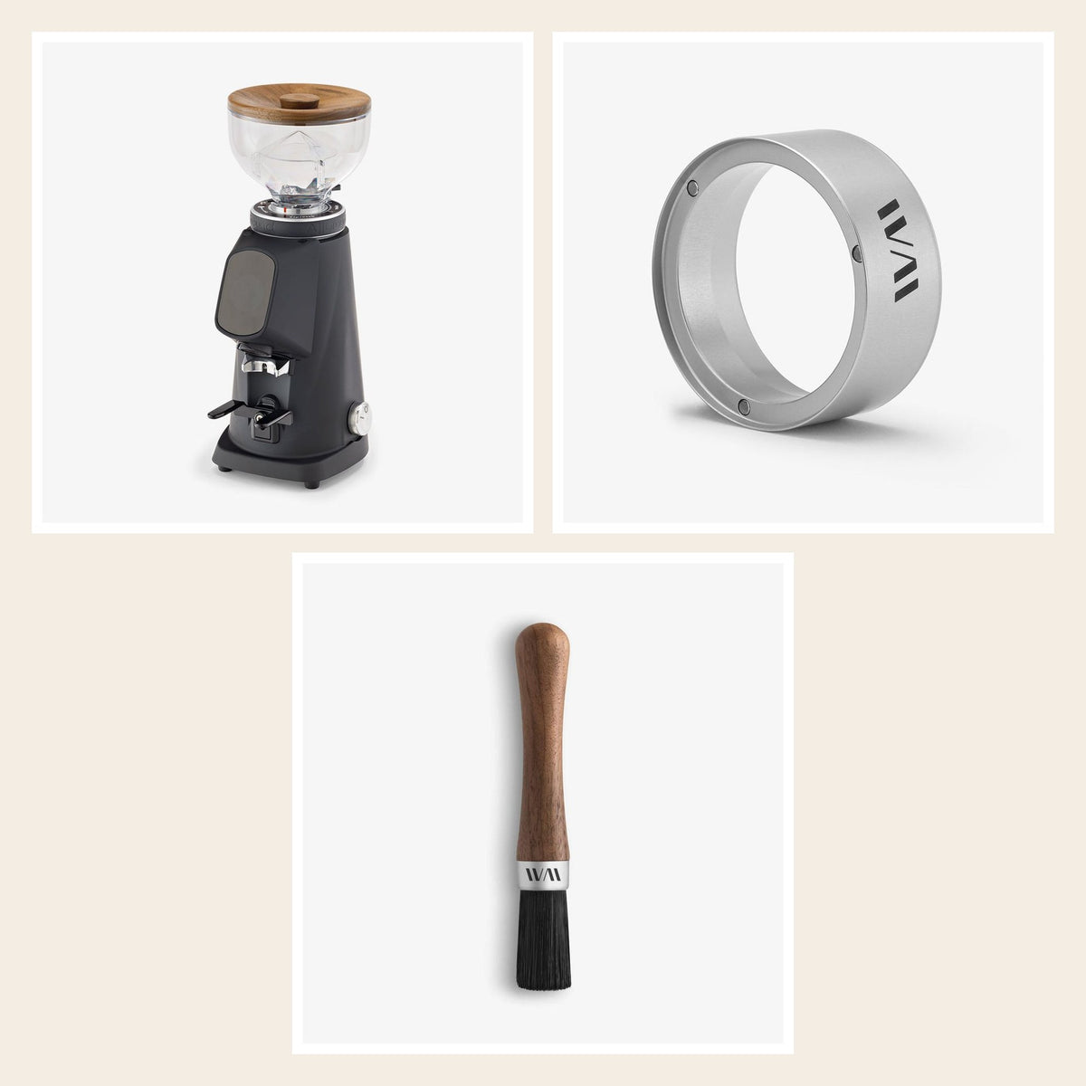 Wiedemann grinder set for Fiorenzato AllGround: grinder lid, funnel and brush, Walnut