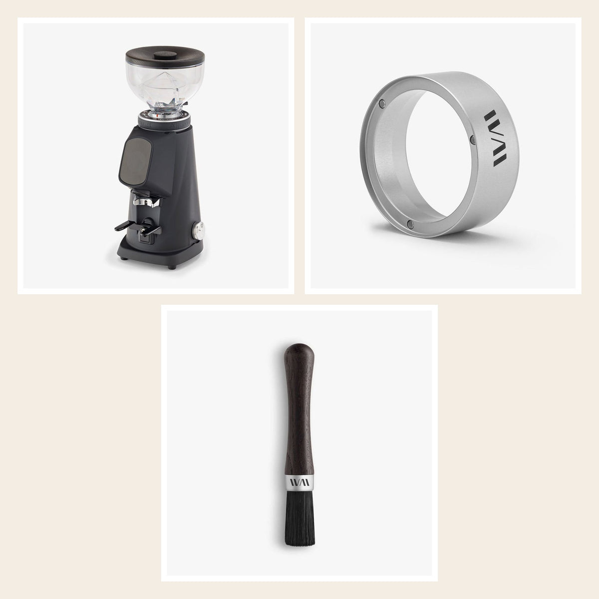Wiedemann grinder set for Fiorenzato AllGround: grinder lid, funnel and brush, Smoked oak