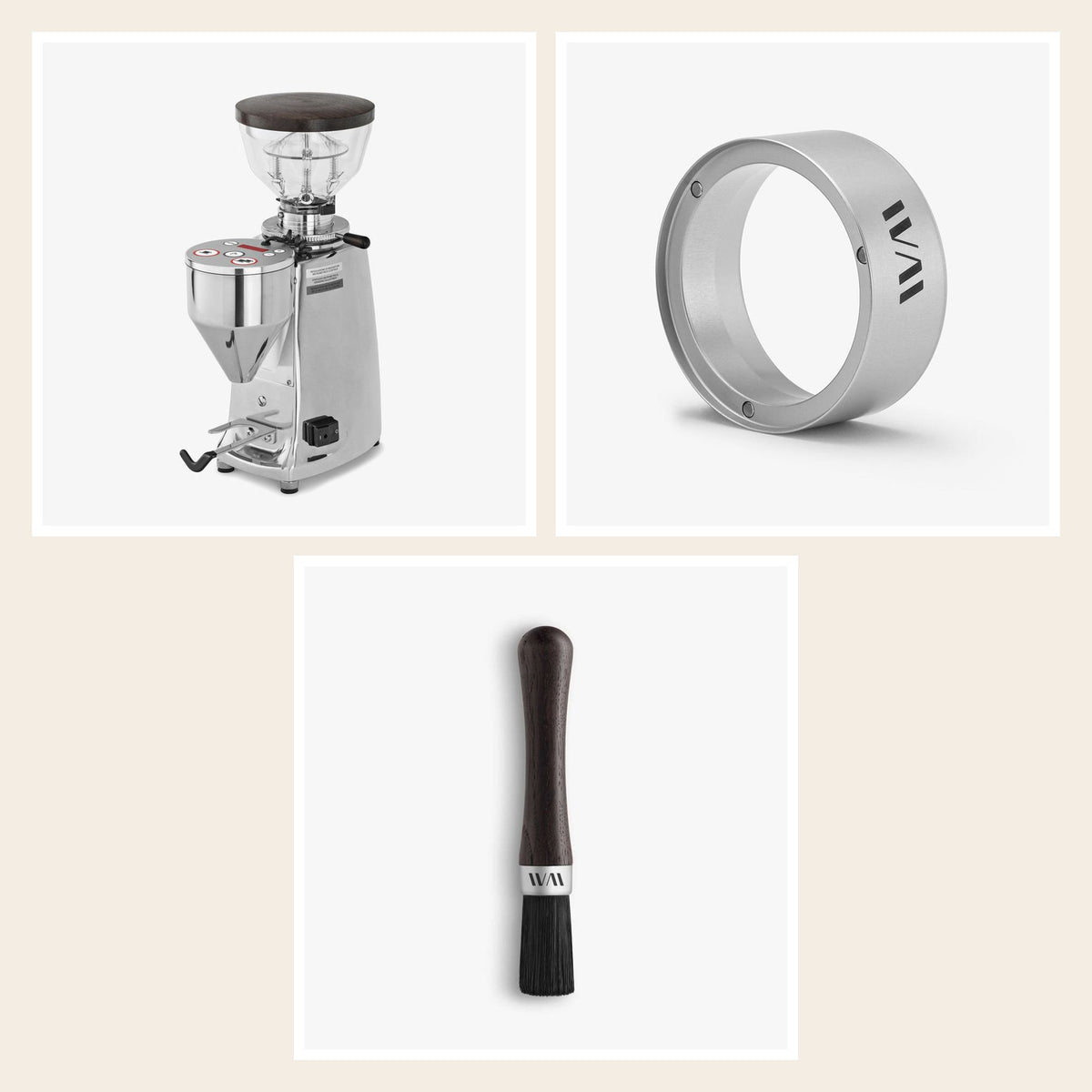 Wiedemann Mühlenset für Mazzer Mini A und Super Jolly: Mühlendeckel, Trichter und Pinsel, Räuchereiche
