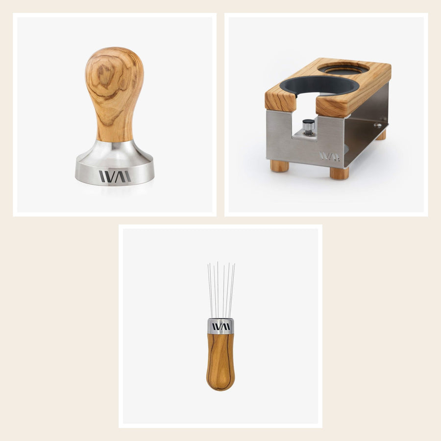 Wiedemann barista set double: tamper, tamper station double and WDT, olive